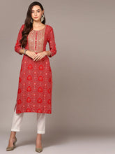 Women Red Viscose Rayon Bandhani regular Fit Kurta VCK9546
